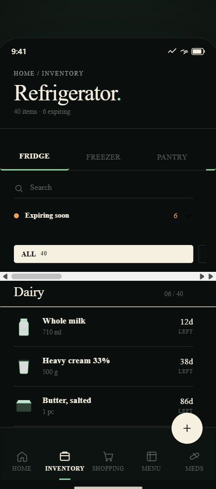Expireless fridge and pantry inventory screen showing items grouped by storage location with expiry dates