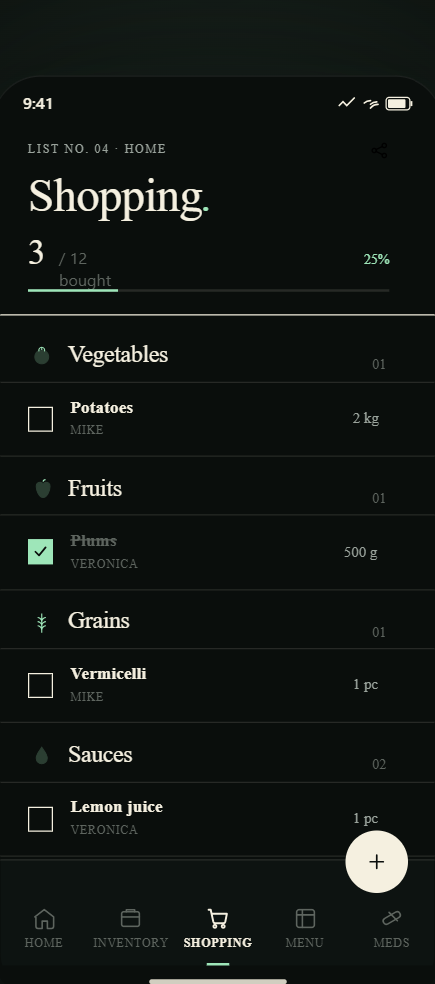 Expireless shared grocery list showing items added by different household members with real-time sync